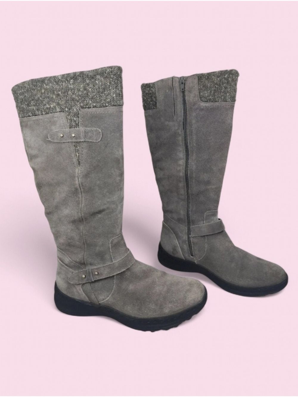 BareTraps Gray Sweater Cuff & Suede Faux Fur Lined Tall Boots 9 M Warm Winter